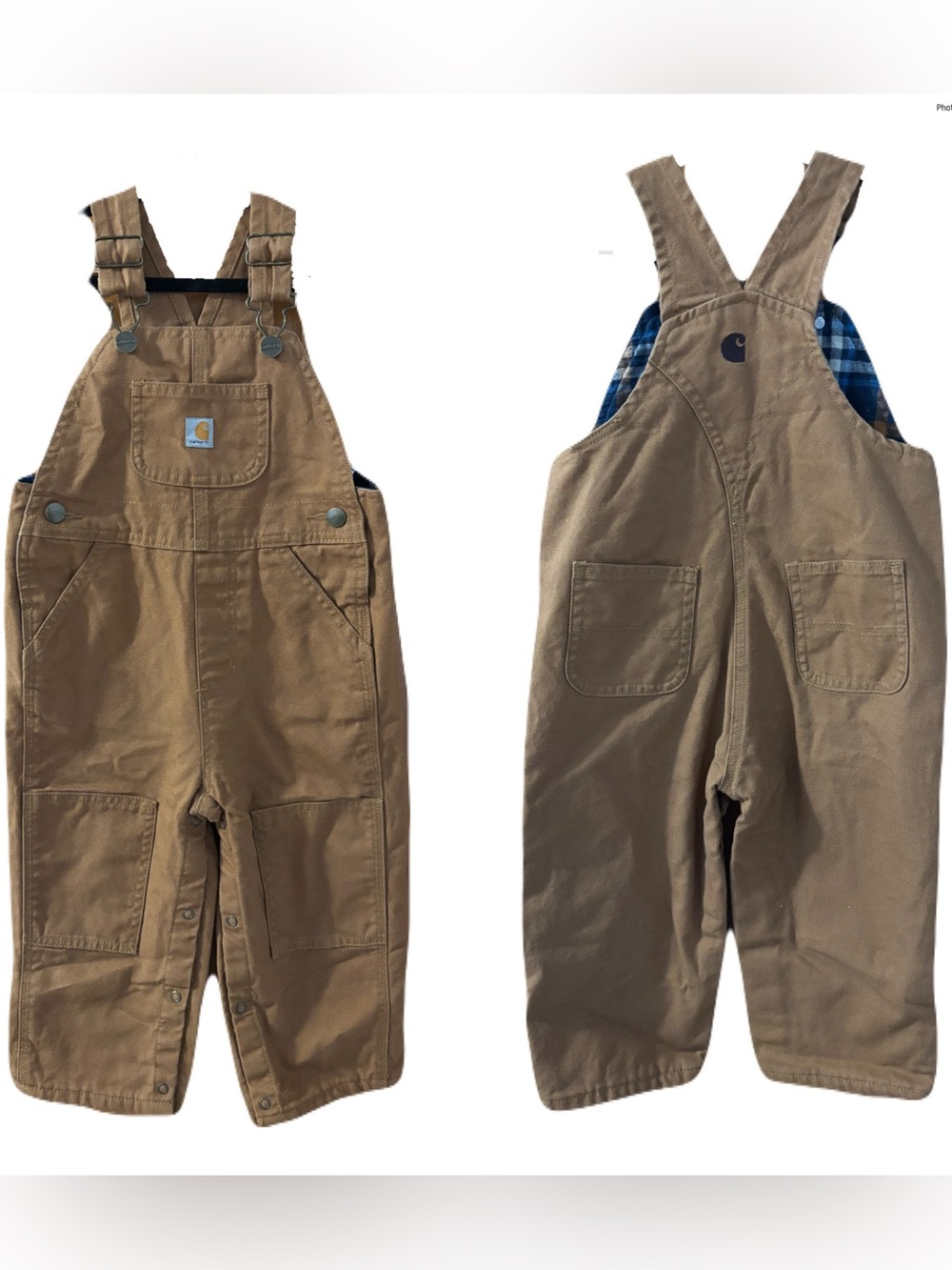 Carhartt Kids Tan Duck Canvas Overalls with Plaid Lining